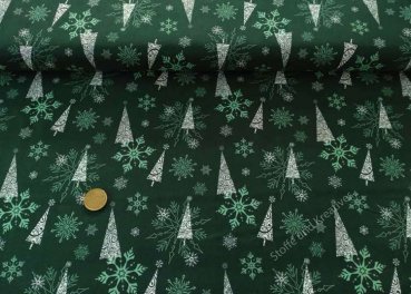 Winterwald grün Weihnachtsstoff  Baumwolle Webware mit Tannenbäume